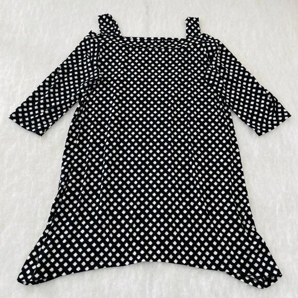 Chico's Womens Black Hi Low Hem Cold Shoulder Polka Dot Blouse Top Size 3 US XL - Picture 2 of 9